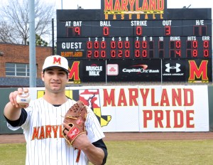 Stinnett after throwing a no-hitter against UMass in 2014. (Photo courtesy of Maryland Athletics)
